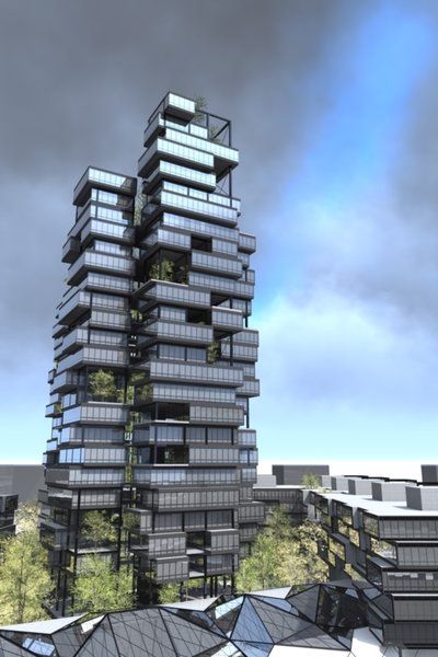 The office building emulates a living creature, crawling towards the corner of the street and straightening up at the destination. It looks only natural within the whole complex, as it is obvious how important the organic aspect is to this piece of architecture. On the opposite end of the complex stands the apartment building, construction of which is based on the idea of variations: every floor differs in terms of a garden placement and no apartment is designed the same way, but these differences still make them part of the one aesthetic. In the middle section of the building are 3 elevators and the staircase, which enter the spacial areas with greenness. Between this tower and the office building stretch two lower buildings, incorporating offices and apartments and are also built with concept of variation.
At the feet of the office building lays an open area with a cafe and beside it is the shopping valley, connecting 2 streets diagonally.
Photo 7 of Highgardens modern home