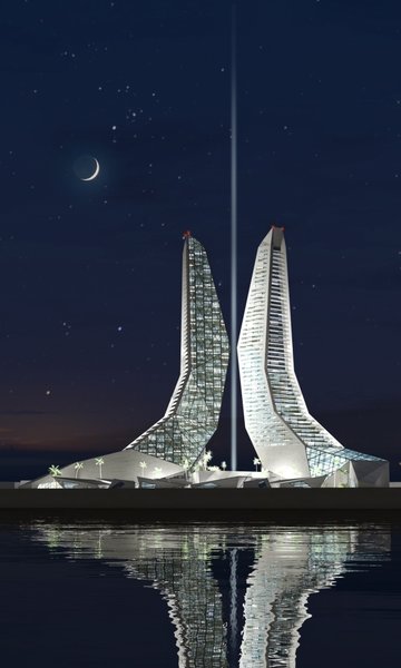 The only space these skyscrapers share is the reception hall. The fact that they almost touch each other, at 106 meters height, is emphasized by the column of light, cutting the small distance between them at night. The north tower is occupied by the commercial areas and the hotel, while the opposite building is for the apartments with terraces and closed pool on the first floor. The other pool resides on the top of the reception and transmits a natural light to it through the glass floor.
In front of the towers multiple, rock shaped shops are scattered and both buildings have the underground parking lots. Photo 4 of Split modern home