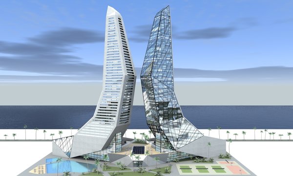 The only space these skyscrapers share is the reception hall. The fact that they almost touch each other, at 106 meters height, is emphasized by the column of light, cutting the small distance between them at night. The north tower is occupied by the commercial areas and the hotel, while the opposite building is for the apartments with terraces and closed pool on the first floor. The other pool resides on the top of the reception and transmits a natural light to it through the glass floor.
In front of the towers multiple, rock shaped shops are scattered and both buildings have the underground parking lots.
Photo 6 of Split modern home