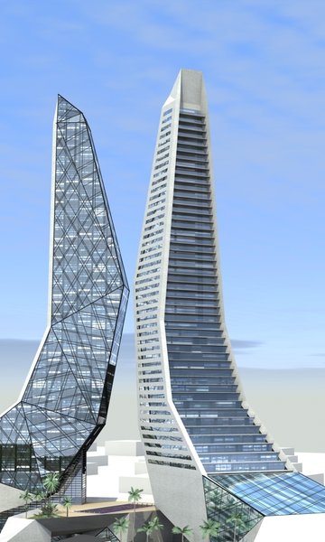 The only space these skyscrapers share is the reception hall. The fact that they almost touch each other, at 106 meters height, is emphasized by the column of light, cutting the small distance between them at night. The north tower is occupied by the commercial areas and the hotel, while the opposite building is for the apartments with terraces and closed pool on the first floor. The other pool resides on the top of the reception and transmits a natural light to it through the glass floor.
In front of the towers multiple, rock shaped shops are scattered and both buildings have the underground parking lots. Photo 2 of Split modern home