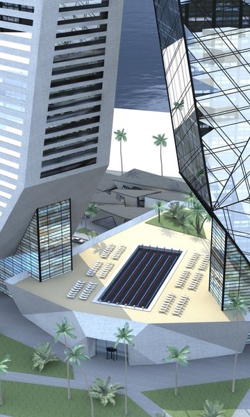 The only space these skyscrapers share is the reception hall. The fact that they almost touch each other, at 106 meters height, is emphasized by the column of light, cutting the small distance between them at night. The north tower is occupied by the commercial areas and the hotel, while the opposite building is for the apartments with terraces and closed pool on the first floor. The other pool resides on the top of the reception and transmits a natural light to it through the glass floor.
In front of the towers multiple, rock shaped shops are scattered and both buildings have the underground parking lots. Photo 5 of Split modern home