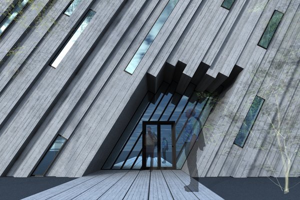 The design of the data center building is deliberately bleak. Tightly clamped concrete panels and the narrow windows convey the idea of securing of what's within. The leaning panels are emitting a vibe of acceleration and frenzy, which is balanced out by symmetrically placed cut outs on the opposite ends of the facade. Upper gap is also the largest area through which a natural light is distributed into the building. Photo 4 of DT 0001 modern home