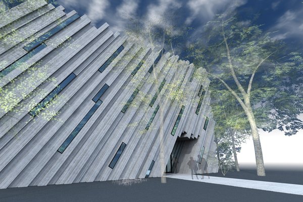 The design of the data center building is deliberately bleak. Tightly clamped concrete panels and the narrow windows convey the idea of securing of what's within. The leaning panels are emitting a vibe of acceleration and frenzy, which is balanced out by symmetrically placed cut outs on the opposite ends of the facade. Upper gap is also the largest area through which a natural light is distributed into the building. Photo 2 of DT 0001 modern home
