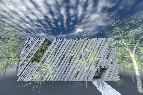 The design of the data center building is deliberately bleak. Tightly clamped concrete panels and the narrow windows convey the idea of securing of what's within. The leaning panels are emitting a vibe of acceleration and frenzy, which is balanced out by symmetrically placed cut outs on the opposite ends of the facade. Upper gap is also the largest area through which a natural light is distributed into the building. Photo of DT 0001 modern home