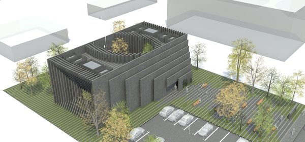 Every angle of the building informs a viewer of its primary purpose: securing the data; The entrance door and the front windows are hidden perpendicularly behind the concrete panels. If viewed from the sides, it leaves the impression of the building being dissected by the parallel concrete layers, the gaps of which are filled with glass. The negative space in the middle of the building serves as a garden.
All external layers of the building, except for the backside, appear to be either folding in or outwards.
The generators are located outside of the building and are also concealed with the concrete slabs.
Photo 13 of DT 0010 modern home