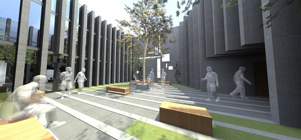 Every angle of the building informs a viewer of its primary purpose: securing the data; The entrance door and the front windows are hidden perpendicularly behind the concrete panels. If viewed from the sides, it leaves the impression of the building being dissected by the parallel concrete layers, the gaps of which are filled with glass. The negative space in the middle of the building serves as a garden.
All external layers of the building, except for the backside, appear to be either folding in or outwards.
The generators are located outside of the building and are also concealed with the concrete slabs.
Photo 4 of DT 0010 modern home