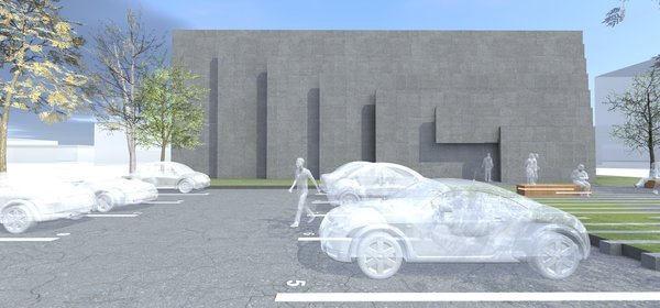Every angle of the building informs a viewer of its primary purpose: securing the data; The entrance door and the front windows are hidden perpendicularly behind the concrete panels. If viewed from the sides, it leaves the impression of the building being dissected by the parallel concrete layers, the gaps of which are filled with glass. The negative space in the middle of the building serves as a garden.
All external layers of the building, except for the backside, appear to be either folding in or outwards.
The generators are located outside of the building and are also concealed with the concrete slabs.
Photo 2 of DT 0010 modern home