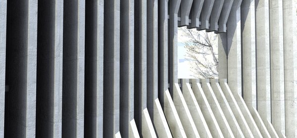 Every angle of the building informs a viewer of its primary purpose: securing the data; The entrance door and the front windows are hidden perpendicularly behind the concrete panels. If viewed from the sides, it leaves the impression of the building being dissected by the parallel concrete layers, the gaps of which are filled with glass. The negative space in the middle of the building serves as a garden.
All external layers of the building, except for the backside, appear to be either folding in or outwards.
The generators are located outside of the building and are also concealed with the concrete slabs.
Photo 6 of DT 0010 modern home