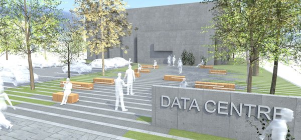 Every angle of the building informs a viewer of its primary purpose: securing the data; The entrance door and the front windows are hidden perpendicularly behind the concrete panels. If viewed from the sides, it leaves the impression of the building being dissected by the parallel concrete layers, the gaps of which are filled with glass. The negative space in the middle of the building serves as a garden.
All external layers of the building, except for the backside, appear to be either folding in or outwards.
The generators are located outside of the building and are also concealed with the concrete slabs.
Photo of DT 0010 modern home
