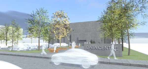 Every angle of the building informs a viewer of its primary purpose: securing the data; The entrance door and the front windows are hidden perpendicularly behind the concrete panels. If viewed from the sides, it leaves the impression of the building being dissected by the parallel concrete layers, the gaps of which are filled with glass. The negative space in the middle of the building serves as a garden.
All external layers of the building, except for the backside, appear to be either folding in or outwards.
The generators are located outside of the building and are also concealed with the concrete slabs.
Photo 3 of DT 0010 modern home