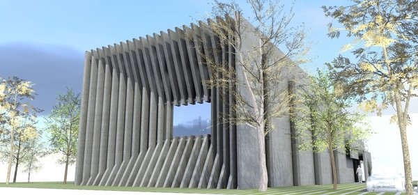 Every angle of the building informs a viewer of its primary purpose: securing the data; The entrance door and the front windows are hidden perpendicularly behind the concrete panels. If viewed from the sides, it leaves the impression of the building being dissected by the parallel concrete layers, the gaps of which are filled with glass. The negative space in the middle of the building serves as a garden.
All external layers of the building, except for the backside, appear to be either folding in or outwards.
The generators are located outside of the building and are also concealed with the concrete slabs.
Photo 9 of DT 0010 modern home