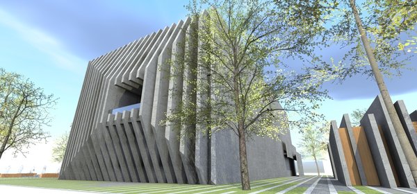 Every angle of the building informs a viewer of its primary purpose: securing the data; The entrance door and the front windows are hidden perpendicularly behind the concrete panels. If viewed from the sides, it leaves the impression of the building being dissected by the parallel concrete layers, the gaps of which are filled with glass. The negative space in the middle of the building serves as a garden.
All external layers of the building, except for the backside, appear to be either folding in or outwards.
The generators are located outside of the building and are also concealed with the concrete slabs.
Photo 5 of DT 0010 modern home