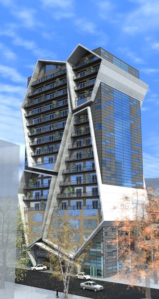 The framework of the apartment building is intercepted by the large, polygon shaped forms. Each one of these massive structures is irregularly angled in relation to the basic structure, giving the exterior more volume and a sense of movement.
The first 4 floors are elongated in the back and are assigned to the garage. This was the fundamental idea, upon which the rest of the space was built.
Photo 6 of R01 Hyper modern home