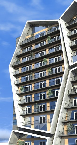 The framework of the apartment building is intercepted by the large, polygon shaped forms. Each one of these massive structures is irregularly angled in relation to the basic structure, giving the exterior more volume and a sense of movement.
The first 4 floors are elongated in the back and are assigned to the garage. This was the fundamental idea, upon which the rest of the space was built.
Photo 2 of R01 Hyper modern home