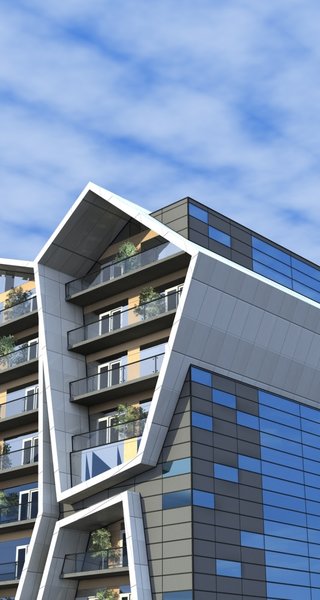 The framework of the apartment building is intercepted by the large, polygon shaped forms. Each one of these massive structures is irregularly angled in relation to the basic structure, giving the exterior more volume and a sense of movement.
The first 4 floors are elongated in the back and are assigned to the garage. This was the fundamental idea, upon which the rest of the space was built.
Photo 5 of R01 Hyper modern home