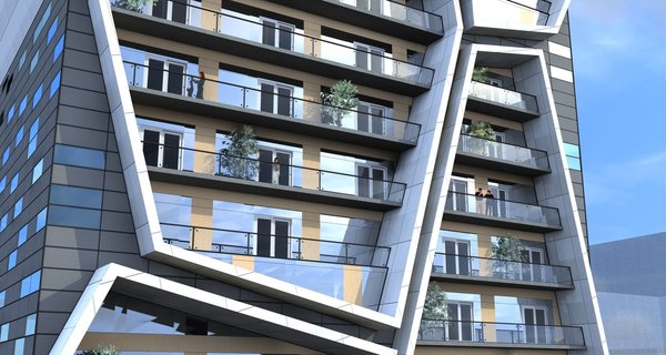 The framework of the apartment building is intercepted by the large, polygon shaped forms. Each one of these massive structures is irregularly angled in relation to the basic structure, giving the exterior more volume and a sense of movement.
The first 4 floors are elongated in the back and are assigned to the garage. This was the fundamental idea, upon which the rest of the space was built.
Photo 7 of R01 Hyper modern home