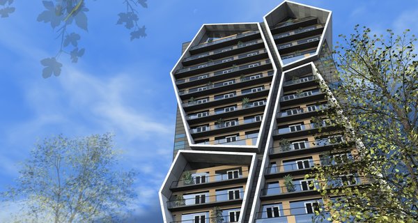 The framework of the apartment building is intercepted by the large, polygon shaped forms. Each one of these massive structures is irregularly angled in relation to the basic structure, giving the exterior more volume and a sense of movement.
The first 4 floors are elongated in the back and are assigned to the garage. This was the fundamental idea, upon which the rest of the space was built.
Photo 8 of R01 Hyper modern home