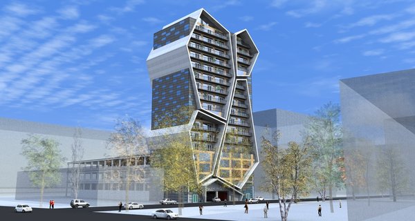 The framework of the apartment building is intercepted by the large, polygon shaped forms. Each one of these massive structures is irregularly angled in relation to the basic structure, giving the exterior more volume and a sense of movement.
The first 4 floors are elongated in the back and are assigned to the garage. This was the fundamental idea, upon which the rest of the space was built.
Photo of R01 Hyper modern home
