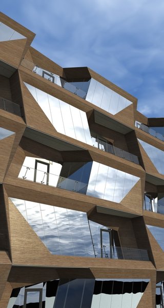 The apartment building is modular. Every module was individually designed, in a manner that they would harmoniously grow into each other, creating the unified sculptural space. The facade wall of each bedroom is leaning out, blocking the view from the residents' balcony to the neighboring one, stressing the idea of privacy as a focal concept for the structure.
First 4 floors are elongated in the back and are assigned to garage. This was the fundamental idea, upon which the rest of the space was built.
Photo of R02 Modular modern home