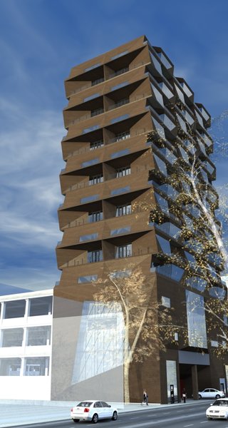 The apartment building is modular. Every module was individually designed, in a manner that they would harmoniously grow into each other, creating the unified sculptural space. The facade wall of each bedroom is leaning out, blocking the view from the residents' balcony to the neighboring one, stressing the idea of privacy as a focal concept for the structure.
First 4 floors are elongated in the back and are assigned to garage. This was the fundamental idea, upon which the rest of the space was built.
Photo 2 of R02 Modular modern home