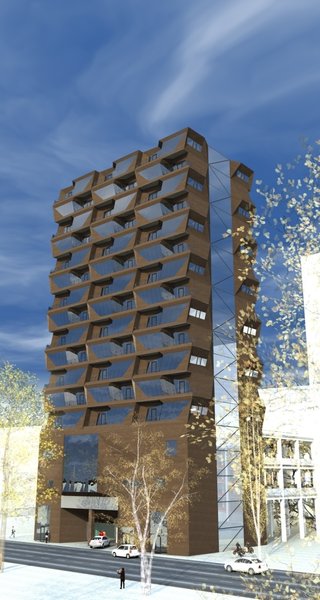 The apartment building is modular. Every module was individually designed, in a manner that they would harmoniously grow into each other, creating the unified sculptural space. The facade wall of each bedroom is leaning out, blocking the view from the residents' balcony to the neighboring one, stressing the idea of privacy as a focal concept for the structure.
First 4 floors are elongated in the back and are assigned to garage. This was the fundamental idea, upon which the rest of the space was built.
Photo 4 of R02 Modular modern home
