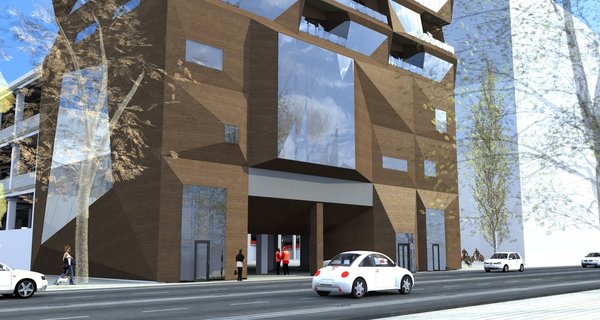 The apartment building is modular. Every module was individually designed, in a manner that they would harmoniously grow into each other, creating the unified sculptural space. The facade wall of each bedroom is leaning out, blocking the view from the residents' balcony to the neighboring one, stressing the idea of privacy as a focal concept for the structure.
First 4 floors are elongated in the back and are assigned to garage. This was the fundamental idea, upon which the rest of the space was built.
Photo 3 of R02 Modular modern home
