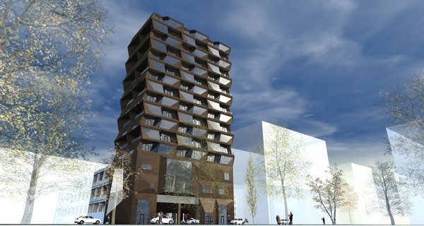 The apartment building is modular. Every module was individually designed, in a manner that they would harmoniously grow into each other, creating the unified sculptural space. The facade wall of each bedroom is leaning out, blocking the view from the residents' balcony to the neighboring one, stressing the idea of privacy as a focal concept for the structure.
First 4 floors are elongated in the back and are assigned to garage. This was the fundamental idea, upon which the rest of the space was built.
Photo 7 of R02 Modular modern home
