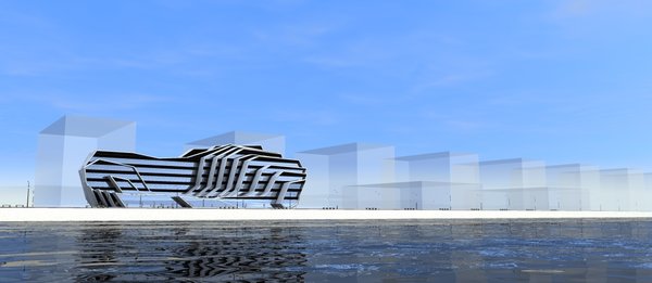 As the building is located at the seaside, its architecture fully represents forms of waves folded up in angular shapes. It has two separate entrances leading to the hotel and the casino. The open pool resides on the top of the ground floor. The second open pool is glancing from the upper part of the building through the glass and is visible from the street. The structure of the building is gradually gaining height, so that residents of each segment, facing the sea, get a chance to enjoy a sunset. Photo 2 of MRN Wave modern home