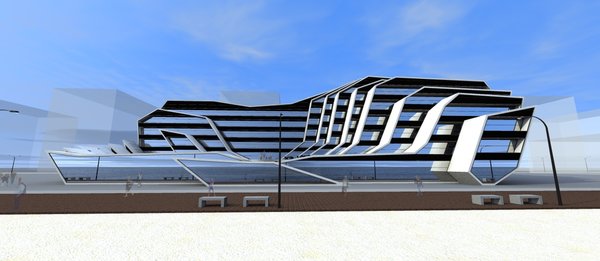 As the building is located at the seaside, its architecture fully represents forms of waves folded up in angular shapes. It has two separate entrances leading to the hotel and the casino. The open pool resides on the top of the ground floor. The second open pool is glancing from the upper part of the building through the glass and is visible from the street. The structure of the building is gradually gaining height, so that residents of each segment, facing the sea, get a chance to enjoy a sunset. Photo 5 of MRN Wave modern home