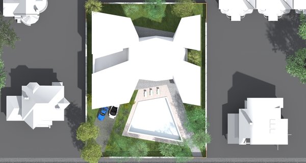 The staircase line, visible through the glass wall of the entrance hall, is extended outside the facade and folded into the shapes that eventually become the outline of the building. The hall is a meeting point for 4 wings of the house. The Garage and the gym are located on the left side of the first floor, accompanied by the indoor pool, stretched alongside the entire floor length. The two opposite first floor wings are occupied by the kitchen and the office and for the latest to be receiving natural daylight, it has a wall length window, facing the kitchen. The tree, growing in the negative outdoor space between these two areas, is hindering the eye which may travel from the office window to the kitchen one.
All four wings of the 2nd floor are intended for 4 bedrooms, but only the master bedroom has a terrace.
Cars and pedestrians have separate lanes leading to the house, each one located on opposite sides of the front yard pool.
Photo 6 of Orien modern home