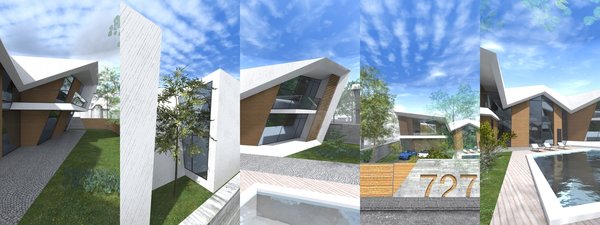 The staircase line, visible through the glass wall of the entrance hall, is extended outside the facade and folded into the shapes that eventually become the outline of the building. The hall is a meeting point for 4 wings of the house. The Garage and the gym are located on the left side of the first floor, accompanied by the indoor pool, stretched alongside the entire floor length. The two opposite first floor wings are occupied by the kitchen and the office and for the latest to be receiving natural daylight, it has a wall length window, facing the kitchen. The tree, growing in the negative outdoor space between these two areas, is hindering the eye which may travel from the office window to the kitchen one.
All four wings of the 2nd floor are intended for 4 bedrooms, but only the master bedroom has a terrace.
Cars and pedestrians have separate lanes leading to the house, each one located on opposite sides of the front yard pool.
Photo of Orien modern home