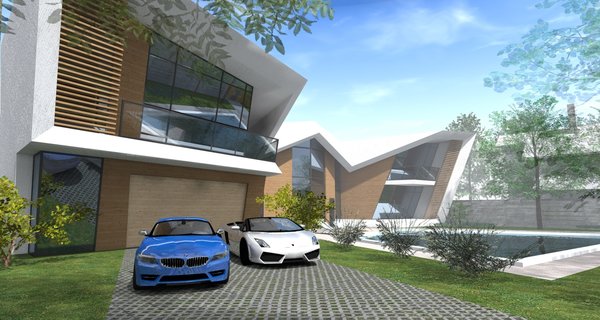 The staircase line, visible through the glass wall of the entrance hall, is extended outside the facade and folded into the shapes that eventually become the outline of the building. The hall is a meeting point for 4 wings of the house. The Garage and the gym are located on the left side of the first floor, accompanied by the indoor pool, stretched alongside the entire floor length. The two opposite first floor wings are occupied by the kitchen and the office and for the latest to be receiving natural daylight, it has a wall length window, facing the kitchen. The tree, growing in the negative outdoor space between these two areas, is hindering the eye which may travel from the office window to the kitchen one.
All four wings of the 2nd floor are intended for 4 bedrooms, but only the master bedroom has a terrace.
Cars and pedestrians have separate lanes leading to the house, each one located on opposite sides of the front yard pool.
Photo 3 of Orien modern home