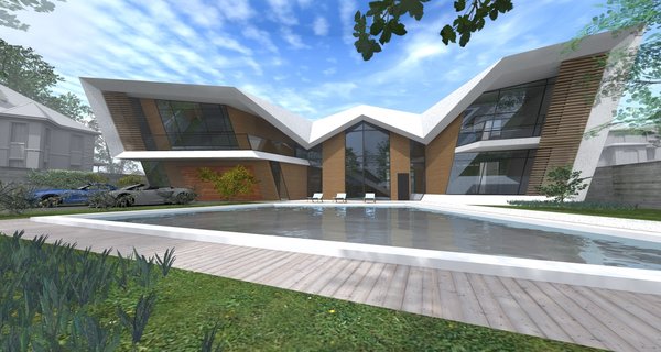 The staircase line, visible through the glass wall of the entrance hall, is extended outside the facade and folded into the shapes that eventually become the outline of the building. The hall is a meeting point for 4 wings of the house. The Garage and the gym are located on the left side of the first floor, accompanied by the indoor pool, stretched alongside the entire floor length. The two opposite first floor wings are occupied by the kitchen and the office and for the latest to be receiving natural daylight, it has a wall length window, facing the kitchen. The tree, growing in the negative outdoor space between these two areas, is hindering the eye which may travel from the office window to the kitchen one.
All four wings of the 2nd floor are intended for 4 bedrooms, but only the master bedroom has a terrace.
Cars and pedestrians have separate lanes leading to the house, each one located on opposite sides of the front yard pool.
Photo 2 of Orien modern home
