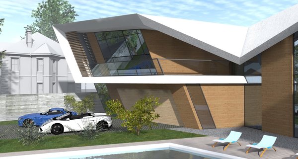 The staircase line, visible through the glass wall of the entrance hall, is extended outside the facade and folded into the shapes that eventually become the outline of the building. The hall is a meeting point for 4 wings of the house. The Garage and the gym are located on the left side of the first floor, accompanied by the indoor pool, stretched alongside the entire floor length. The two opposite first floor wings are occupied by the kitchen and the office and for the latest to be receiving natural daylight, it has a wall length window, facing the kitchen. The tree, growing in the negative outdoor space between these two areas, is hindering the eye which may travel from the office window to the kitchen one.
All four wings of the 2nd floor are intended for 4 bedrooms, but only the master bedroom has a terrace.
Cars and pedestrians have separate lanes leading to the house, each one located on opposite sides of the front yard pool.
Photo 5 of Orien modern home