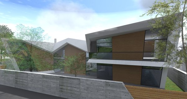 The staircase line, visible through the glass wall of the entrance hall, is extended outside the facade and folded into the shapes that eventually become the outline of the building. The hall is a meeting point for 4 wings of the house. The Garage and the gym are located on the left side of the first floor, accompanied by the indoor pool, stretched alongside the entire floor length. The two opposite first floor wings are occupied by the kitchen and the office and for the latest to be receiving natural daylight, it has a wall length window, facing the kitchen. The tree, growing in the negative outdoor space between these two areas, is hindering the eye which may travel from the office window to the kitchen one.
All four wings of the 2nd floor are intended for 4 bedrooms, but only the master bedroom has a terrace.
Cars and pedestrians have separate lanes leading to the house, each one located on opposite sides of the front yard pool.
Photo 4 of Orien modern home