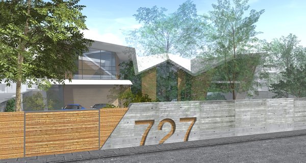 The staircase line, visible through the glass wall of the entrance hall, is extended outside the facade and folded into the shapes that eventually become the outline of the building. The hall is a meeting point for 4 wings of the house. The Garage and the gym are located on the left side of the first floor, accompanied by the indoor pool, stretched alongside the entire floor length. The two opposite first floor wings are occupied by the kitchen and the office and for the latest to be receiving natural daylight, it has a wall length window, facing the kitchen. The tree, growing in the negative outdoor space between these two areas, is hindering the eye which may travel from the office window to the kitchen one.
All four wings of the 2nd floor are intended for 4 bedrooms, but only the master bedroom has a terrace.
Cars and pedestrians have separate lanes leading to the house, each one located on opposite sides of the front yard pool.
Photo 7 of Orien modern home