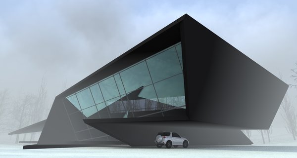 The structure emerged after 6 hour sketching as a parallel experience to the ongoing construction processes of Mestia airport and Sarpi border checkpoint. The forms are radically opposed to the rounder shapes of above-mentioned buildings. The exterior has a sense of unity, as if a black matter was folded up into harmonious angular shapes.
The purpose of the space was to create a personal getaway into nature, providing a resident with peaceful environment for work and relaxation. The glass walls assure an insider to have a nature on display at all times. The inner space is divided into 2 parts: the lower one is the main area combining the kitchen and the bathroom and the upper territory is occupied by the bedroom and the workstation. The latest is extended out, creating the parking spot beneath it. The angular plane on the opposite end is the terrace, securing the idea of having a personal space outdoors, while being a visitor to a nature.
The loft is the only architectural work in large area and it was intentionally designed as a sculptural piece.
Photo 6 of Blackbird modern home