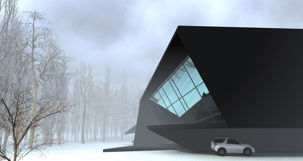 The structure emerged after 6 hour sketching as a parallel experience to the ongoing construction processes of Mestia airport and Sarpi border checkpoint. The forms are radically opposed to the rounder shapes of above-mentioned buildings. The exterior has a sense of unity, as if a black matter was folded up into harmonious angular shapes.
The purpose of the space was to create a personal getaway into nature, providing a resident with peaceful environment for work and relaxation. The glass walls assure an insider to have a nature on display at all times. The inner space is divided into 2 parts: the lower one is the main area combining the kitchen and the bathroom and the upper territory is occupied by the bedroom and the workstation. The latest is extended out, creating the parking spot beneath it. The angular plane on the opposite end is the terrace, securing the idea of having a personal space outdoors, while being a visitor to a nature.
The loft is the only architectural work in large area and it was intentionally designed as a sculptural piece.
Photo 5 of Blackbird modern home