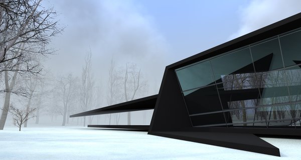 The structure emerged after 6 hour sketching as a parallel experience to the ongoing construction processes of Mestia airport and Sarpi border checkpoint. The forms are radically opposed to the rounder shapes of above-mentioned buildings. The exterior has a sense of unity, as if a black matter was folded up into harmonious angular shapes.
The purpose of the space was to create a personal getaway into nature, providing a resident with peaceful environment for work and relaxation. The glass walls assure an insider to have a nature on display at all times. The inner space is divided into 2 parts: the lower one is the main area combining the kitchen and the bathroom and the upper territory is occupied by the bedroom and the workstation. The latest is extended out, creating the parking spot beneath it. The angular plane on the opposite end is the terrace, securing the idea of having a personal space outdoors, while being a visitor to a nature.
The loft is the only architectural work in large area and it was intentionally designed as a sculptural piece.
Photo 4 of Blackbird modern home