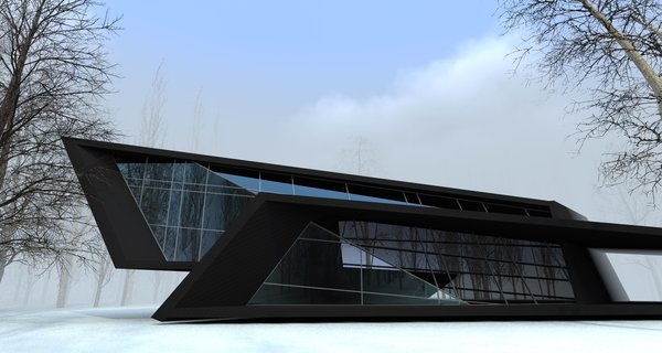 The structure emerged after 6 hour sketching as a parallel experience to the ongoing construction processes of Mestia airport and Sarpi border checkpoint. The forms are radically opposed to the rounder shapes of above-mentioned buildings. The exterior has a sense of unity, as if a black matter was folded up into harmonious angular shapes.
The purpose of the space was to create a personal getaway into nature, providing a resident with peaceful environment for work and relaxation. The glass walls assure an insider to have a nature on display at all times. The inner space is divided into 2 parts: the lower one is the main area combining the kitchen and the bathroom and the upper territory is occupied by the bedroom and the workstation. The latest is extended out, creating the parking spot beneath it. The angular plane on the opposite end is the terrace, securing the idea of having a personal space outdoors, while being a visitor to a nature.
The loft is the only architectural work in large area and it was intentionally designed as a sculptural piece.
Photo 2 of Blackbird modern home