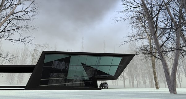 The structure emerged after 6 hour sketching as a parallel experience to the ongoing construction processes of Mestia airport and Sarpi border checkpoint. The forms are radically opposed to the rounder shapes of above-mentioned buildings. The exterior has a sense of unity, as if a black matter was folded up into harmonious angular shapes.
The purpose of the space was to create a personal getaway into nature, providing a resident with peaceful environment for work and relaxation. The glass walls assure an insider to have a nature on display at all times. The inner space is divided into 2 parts: the lower one is the main area combining the kitchen and the bathroom and the upper territory is occupied by the bedroom and the workstation. The latest is extended out, creating the parking spot beneath it. The angular plane on the opposite end is the terrace, securing the idea of having a personal space outdoors, while being a visitor to a nature.
The loft is the only architectural work in large area and it was intentionally designed as a sculptural piece.
Photo 7 of Blackbird modern home