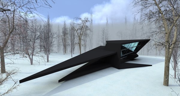 The structure emerged after 6 hour sketching as a parallel experience to the ongoing construction processes of Mestia airport and Sarpi border checkpoint. The forms are radically opposed to the rounder shapes of above-mentioned buildings. The exterior has a sense of unity, as if a black matter was folded up into harmonious angular shapes.
The purpose of the space was to create a personal getaway into nature, providing a resident with peaceful environment for work and relaxation. The glass walls assure an insider to have a nature on display at all times. The inner space is divided into 2 parts: the lower one is the main area combining the kitchen and the bathroom and the upper territory is occupied by the bedroom and the workstation. The latest is extended out, creating the parking spot beneath it. The angular plane on the opposite end is the terrace, securing the idea of having a personal space outdoors, while being a visitor to a nature.
The loft is the only architectural work in large area and it was intentionally designed as a sculptural piece.
Photo 3 of Blackbird modern home
