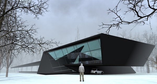 The structure emerged after 6 hour sketching as a parallel experience to the ongoing construction processes of Mestia airport and Sarpi border checkpoint. The forms are radically opposed to the rounder shapes of above-mentioned buildings. The exterior has a sense of unity, as if a black matter was folded up into harmonious angular shapes.
The purpose of the space was to create a personal getaway into nature, providing a resident with peaceful environment for work and relaxation. The glass walls assure an insider to have a nature on display at all times. The inner space is divided into 2 parts: the lower one is the main area combining the kitchen and the bathroom and the upper territory is occupied by the bedroom and the workstation. The latest is extended out, creating the parking spot beneath it. The angular plane on the opposite end is the terrace, securing the idea of having a personal space outdoors, while being a visitor to a nature.
The loft is the only architectural work in large area and it was intentionally designed as a sculptural piece.
Photo 8 of Blackbird modern home