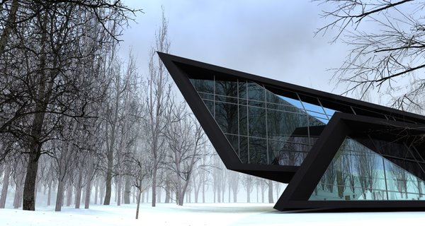 The structure emerged after 6 hour sketching as a parallel experience to the ongoing construction processes of Mestia airport and Sarpi border checkpoint. The forms are radically opposed to the rounder shapes of above-mentioned buildings. The exterior has a sense of unity, as if a black matter was folded up into harmonious angular shapes.
The purpose of the space was to create a personal getaway into nature, providing a resident with peaceful environment for work and relaxation. The glass walls assure an insider to have a nature on display at all times. The inner space is divided into 2 parts: the lower one is the main area combining the kitchen and the bathroom and the upper territory is occupied by the bedroom and the workstation. The latest is extended out, creating the parking spot beneath it. The angular plane on the opposite end is the terrace, securing the idea of having a personal space outdoors, while being a visitor to a nature.
The loft is the only architectural work in large area and it was intentionally designed as a sculptural piece.
Photo of Blackbird modern home
