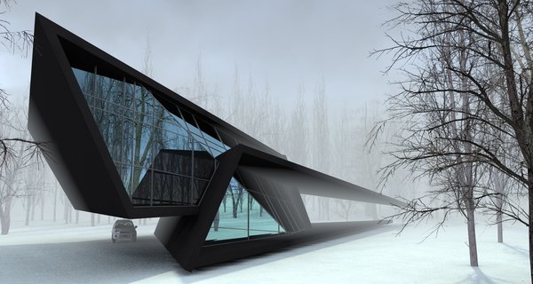 The structure emerged after 6 hour sketching as a parallel experience to the ongoing construction processes of Mestia airport and Sarpi border checkpoint. The forms are radically opposed to the rounder shapes of above-mentioned buildings. The exterior has a sense of unity, as if a black matter was folded up into harmonious angular shapes.
The purpose of the space was to create a personal getaway into nature, providing a resident with peaceful environment for work and relaxation. The glass walls assure an insider to have a nature on display at all times. The inner space is divided into 2 parts: the lower one is the main area combining the kitchen and the bathroom and the upper territory is occupied by the bedroom and the workstation. The latest is extended out, creating the parking spot beneath it. The angular plane on the opposite end is the terrace, securing the idea of having a personal space outdoors, while being a visitor to a nature.
The loft is the only architectural work in large area and it was intentionally designed as a sculptural piece.
Photo 9 of Blackbird modern home