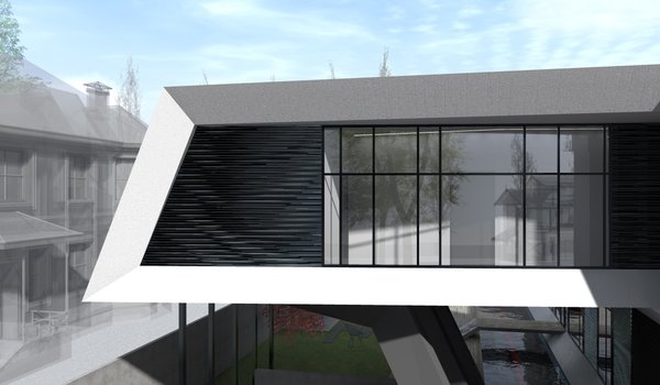 The white stripe at the entrance door tracks the silhouette of the building toward the backside, where it expands and folds into angular shapes, creating the unified coating for the entire space. The territory is bounded with the structure, made of concrete metal panels and horizontally arranged metal rigs, intriguing an outsider, while keeping obscurity. The long first floor space is broken up into the living room, the kitchen and the bathroom. All these areas connect to the open hallway without doors, dismantling a sense of divisions. The small bridge, with the long open pool underneath, links the dining room to the yard. The open parking spot is also integrated in the yard.
Three bedrooms, with individually assigned bathrooms, are allocated on the second floor and the terrace is the only shared space.
The outer layer of the second floor and the backside of the building are symmetrically sliced, bringing the aesthetic of unity into focus.
Photo of Paper House modern home