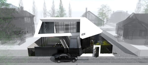 The white stripe at the entrance door tracks the silhouette of the building toward the backside, where it expands and folds into angular shapes, creating the unified coating for the entire space. The territory is bounded with the structure, made of concrete metal panels and horizontally arranged metal rigs, intriguing an outsider, while keeping obscurity. The long first floor space is broken up into the living room, the kitchen and the bathroom. All these areas connect to the open hallway without doors, dismantling a sense of divisions. The small bridge, with the long open pool underneath, links the dining room to the yard. The open parking spot is also integrated in the yard.
Three bedrooms, with individually assigned bathrooms, are allocated on the second floor and the terrace is the only shared space.
The outer layer of the second floor and the backside of the building are symmetrically sliced, bringing the aesthetic of unity into focus.
Photo 5 of Paper House modern home