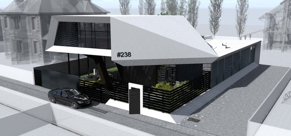The white stripe at the entrance door tracks the silhouette of the building toward the backside, where it expands and folds into angular shapes, creating the unified coating for the entire space. The territory is bounded with the structure, made of concrete metal panels and horizontally arranged metal rigs, intriguing an outsider, while keeping obscurity. The long first floor space is broken up into the living room, the kitchen and the bathroom. All these areas connect to the open hallway without doors, dismantling a sense of divisions. The small bridge, with the long open pool underneath, links the dining room to the yard. The open parking spot is also integrated in the yard.
Three bedrooms, with individually assigned bathrooms, are allocated on the second floor and the terrace is the only shared space.
The outer layer of the second floor and the backside of the building are symmetrically sliced, bringing the aesthetic of unity into focus.
Photo 11 of Paper House modern home