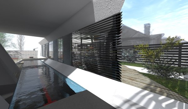 The white stripe at the entrance door tracks the silhouette of the building toward the backside, where it expands and folds into angular shapes, creating the unified coating for the entire space. The territory is bounded with the structure, made of concrete metal panels and horizontally arranged metal rigs, intriguing an outsider, while keeping obscurity. The long first floor space is broken up into the living room, the kitchen and the bathroom. All these areas connect to the open hallway without doors, dismantling a sense of divisions. The small bridge, with the long open pool underneath, links the dining room to the yard. The open parking spot is also integrated in the yard.
Three bedrooms, with individually assigned bathrooms, are allocated on the second floor and the terrace is the only shared space.
The outer layer of the second floor and the backside of the building are symmetrically sliced, bringing the aesthetic of unity into focus.
Photo 4 of Paper House modern home