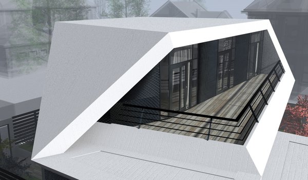 The white stripe at the entrance door tracks the silhouette of the building toward the backside, where it expands and folds into angular shapes, creating the unified coating for the entire space. The territory is bounded with the structure, made of concrete metal panels and horizontally arranged metal rigs, intriguing an outsider, while keeping obscurity. The long first floor space is broken up into the living room, the kitchen and the bathroom. All these areas connect to the open hallway without doors, dismantling a sense of divisions. The small bridge, with the long open pool underneath, links the dining room to the yard. The open parking spot is also integrated in the yard.
Three bedrooms, with individually assigned bathrooms, are allocated on the second floor and the terrace is the only shared space.
The outer layer of the second floor and the backside of the building are symmetrically sliced, bringing the aesthetic of unity into focus.
Photo 9 of Paper House modern home